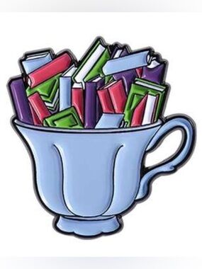 Light Blue Book Teacup Enamel Pin with Colorful Candy Accents